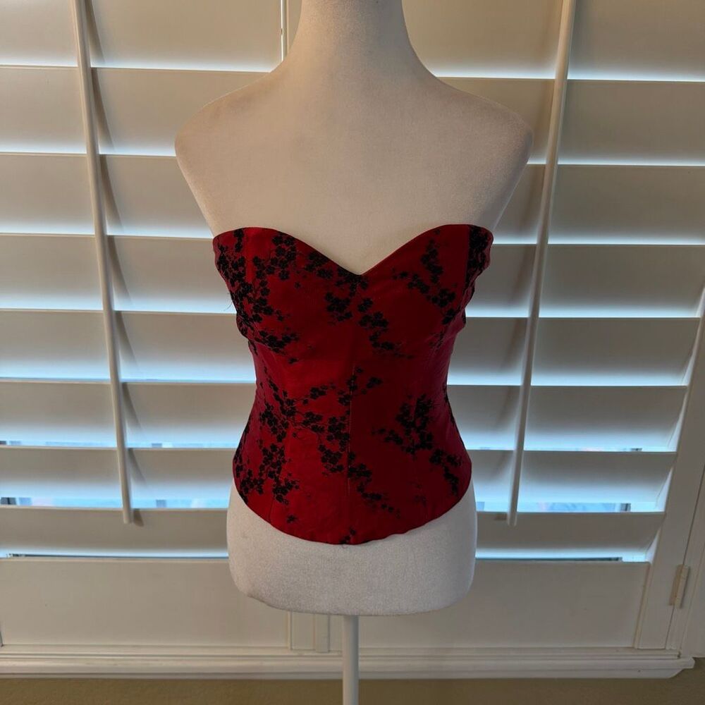 Vintage Gigi Clark Women’s Red & Black Floral Print Silk Corset Top Size 0 Retro
